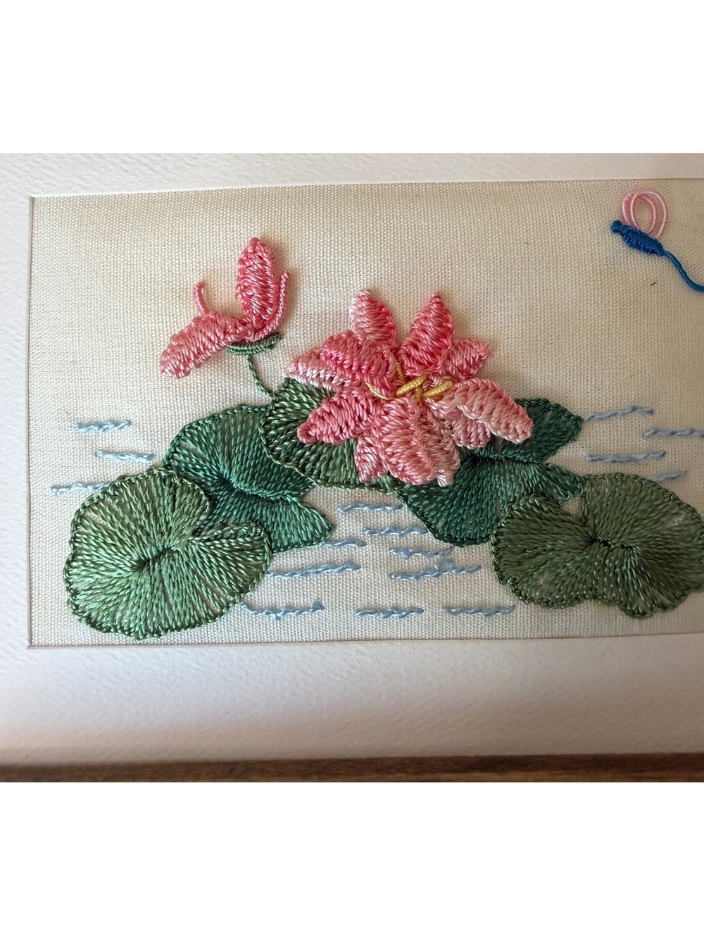 Embroidered needepoint flowers, lily pads, and dragonfly with frame - Picture 2 of 6